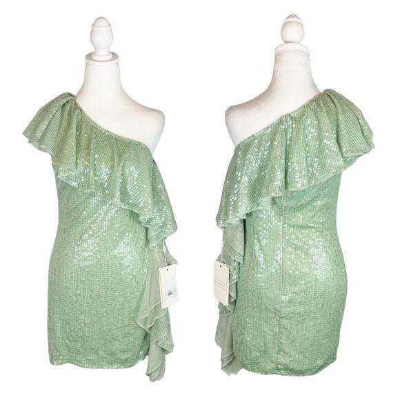 Mac Duggal One Shoulder Ruffle Mini Dress Green 4 NWT - Picture 2 of 12